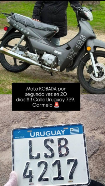 Denuncian el robo de una moto por segunda vez en 20 días en Carmelo